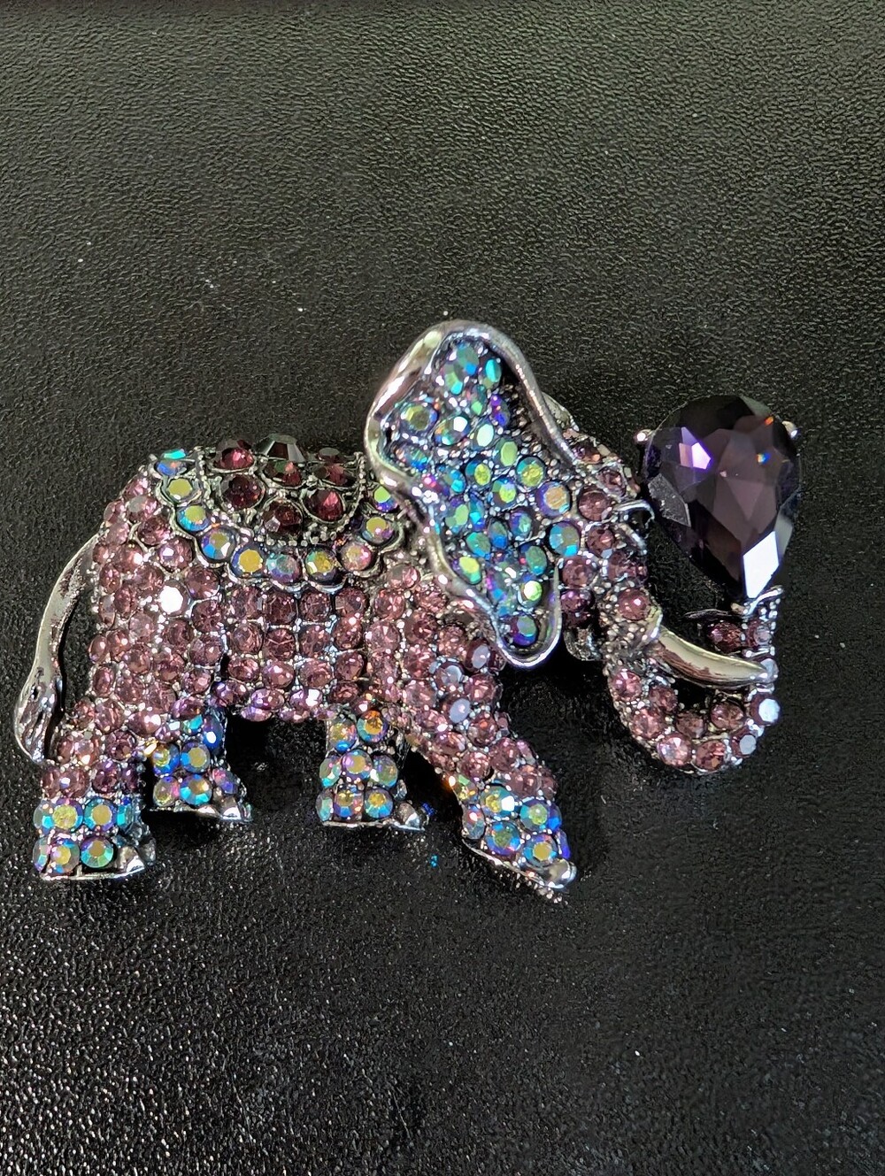 Crystal Elephant Brooch in Pink and Aurora AB
